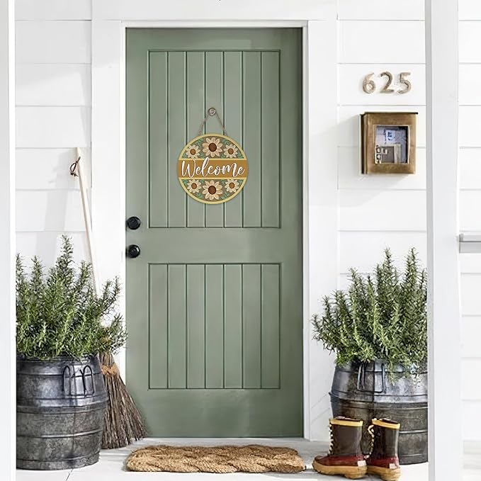 Welcome Sunflower Front Door Sign, Spring Summer Yellow Flower Wood Hanger Outdoor Outside Porch Home Decor, Fall Floral Wooden Wreath Indoor Wall Hanging Decoration