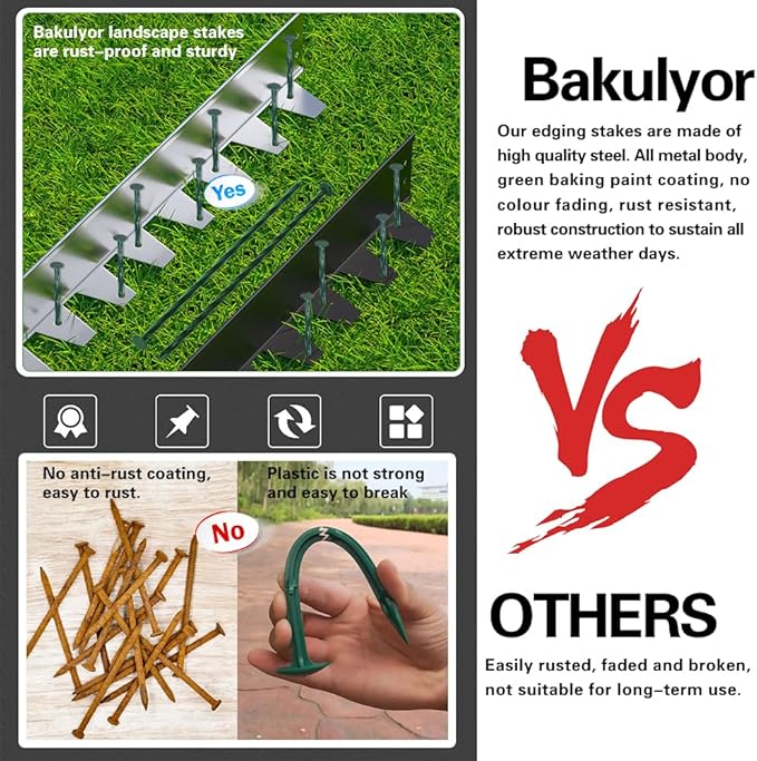Bakulyor 50 Pack Metal Landscape Stakes, 8 Inch Artificial Grass Nails, 6 Gauge Large Landscaping Staples, Green Edging Anchor Stake for Garden Ground Lawn Paver Timber Border Weed Barrier Spikes 8"