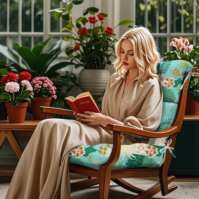 Rocking Chair Cushion, Waterproof Chairs Cushions for Adirondack Chairs Patio Couch High Back Thicked Cushions Outdoor and Indoor with Ties, Cyan Flower Leaves