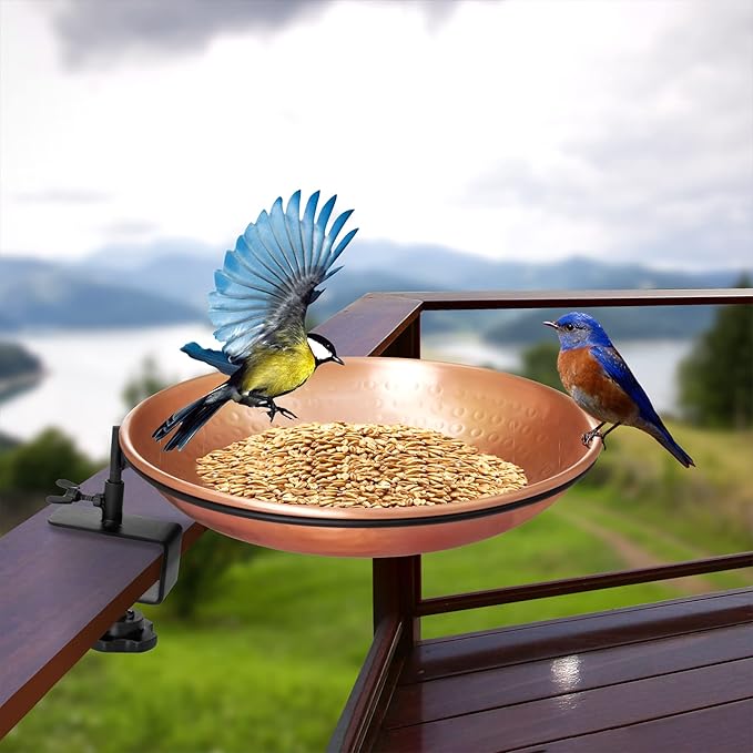 Monarch Abode Deck Mounted Bird Bath & Bird Feeder for Outdoors – Pure Copper Hand Hammered Birds Bath Bowl w/Detachable Iron Clamp, Birdfeeder and Birdbath for Outdoors Garden Backyard