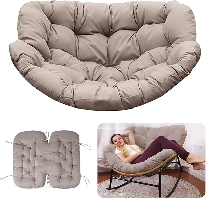 Outdoor Rocking Chair Cushion – Waterproof Wicker Egg Chair Replacement Pad, Thick Papasan Seat Cushion with Ties for Indoor & Outdoor Patio, Porch, Balcony, or Garden (Khaki)