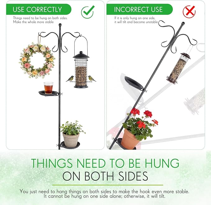 1 Set 75.9" Shepherd's Hook Stand for Bird Feeder, Hanging Plant, Wind Chime, Waterproof Metal & Adjustable Standing Pole Holder for Indoor Outdoor, with 2 Rack & Weight Bag (2 Hooks)