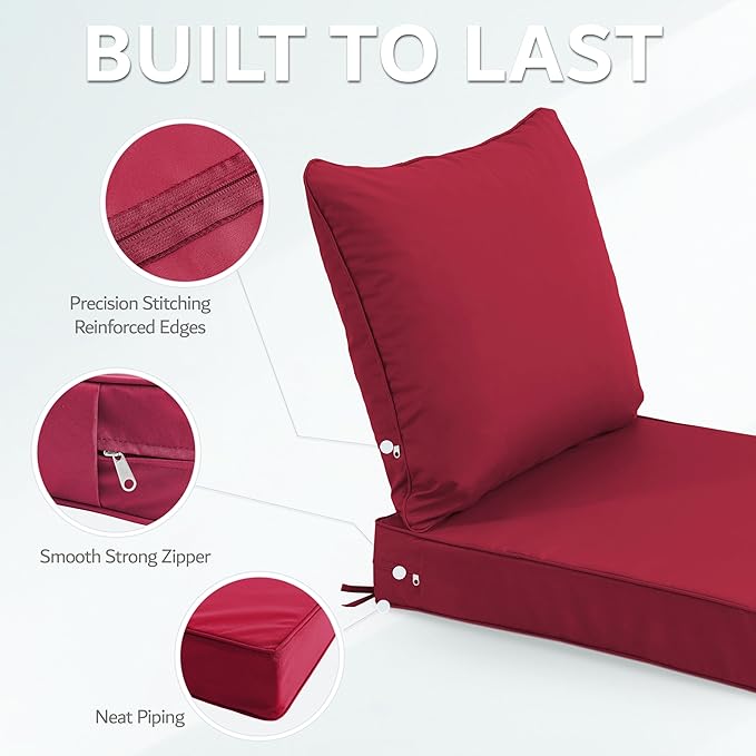 19x19 Inch Patio Chair Cushions Set of 2, Outdoor Furniture Cushions - Removable Cover, Water-Repellent, Fade-Resistant, Non-Slip Bottom & Straps, Replacement for Lawn, Porch & Deck Chair - Burgundy