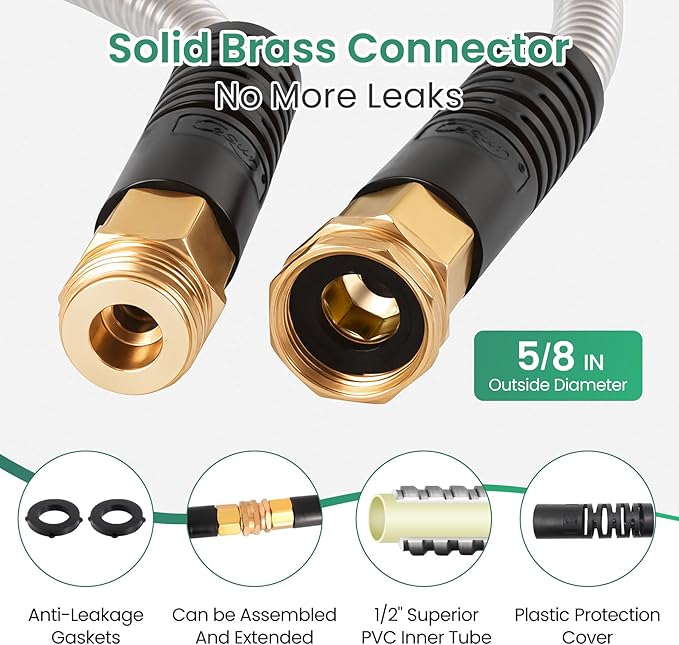 Cesun Metal Garden Hose 75ft - 304 Stainless Steel Water Hose, Flexible, Lightweight and No-Kink Metal Hose with Brass Nozzle for Outdoor, Yard