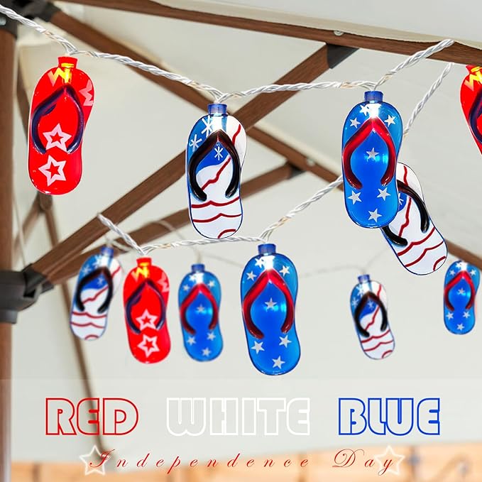 SUNSGNE 4th of July Decorations Lights 8.5FT Red White Blue String Lights, Indoor Beach Slipper Summer String Lights with 10 Slipper Lights for Patriotic Independence Day Outdoor Beach Party Decor