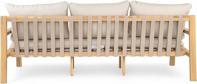Christopher Knight Home Kaylle Outdoor 3 Seater Sofa with Cushion, Acacia Wood Patio Lounge Sofa with Woven Rope Backrest, Spacious Seating Couch for Backyard Garden Porch, Light Teak + Beige