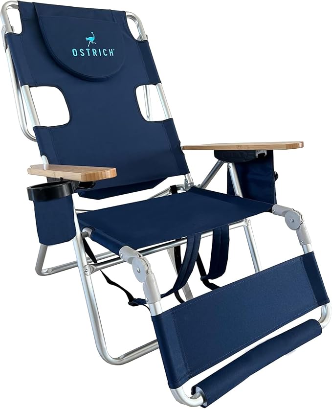Ostrich Reclining Lounge Chair, Deluxe 3 in 1 Folding Outdoor Beach Lounger, Navy Blue - Compact and Portable Recliner for Pool Tanning, Lawn, Patio, and Yard