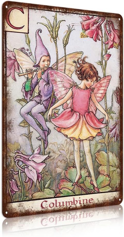 Flower Fairy Wall Decor Vintage Metal Tin Signs Fairy Garden Accessories - Columbine