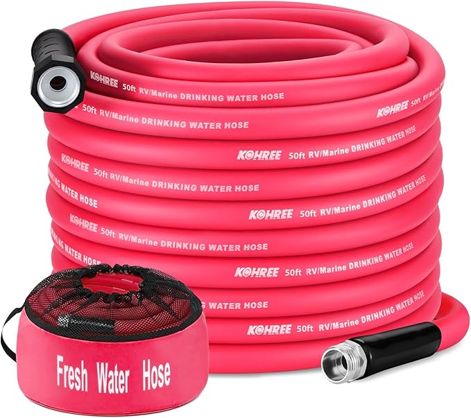 Kohree 50 FT RV Water Hose with Storage Bag, 5/8'' Premium Drinking Water Hose, Leak-free, No Odor, Anti-Kink and Flexible Garden Hose for RV, Camper, Truck, Car - Pink