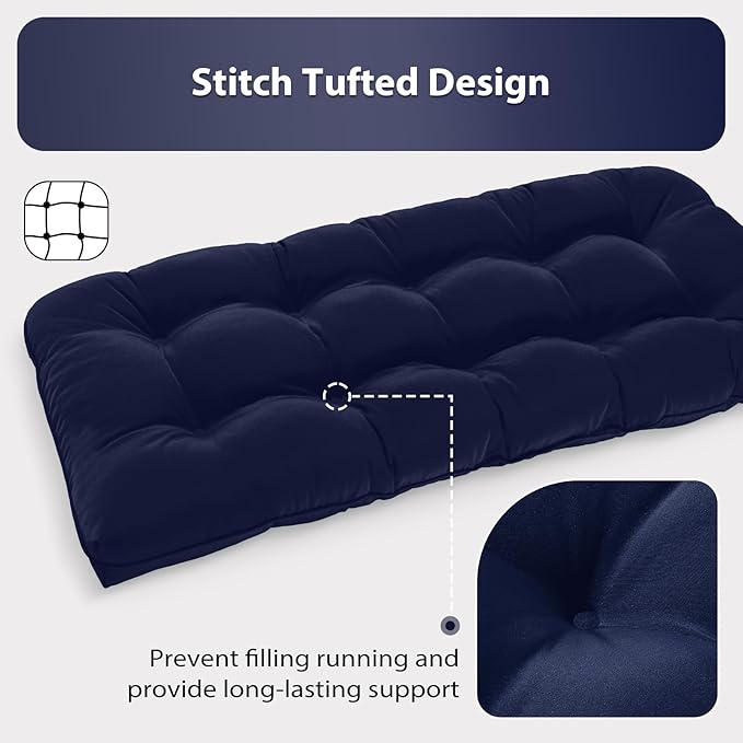 Tufted Bench Cushions for Outdoor Furniture, 48" x 18" Porch Swing Cushions Filled with Foam, Overstuffed Patio Cushions for Bench Loveseat with 2-3 Seats,Thick and Water Resistant, Navy
