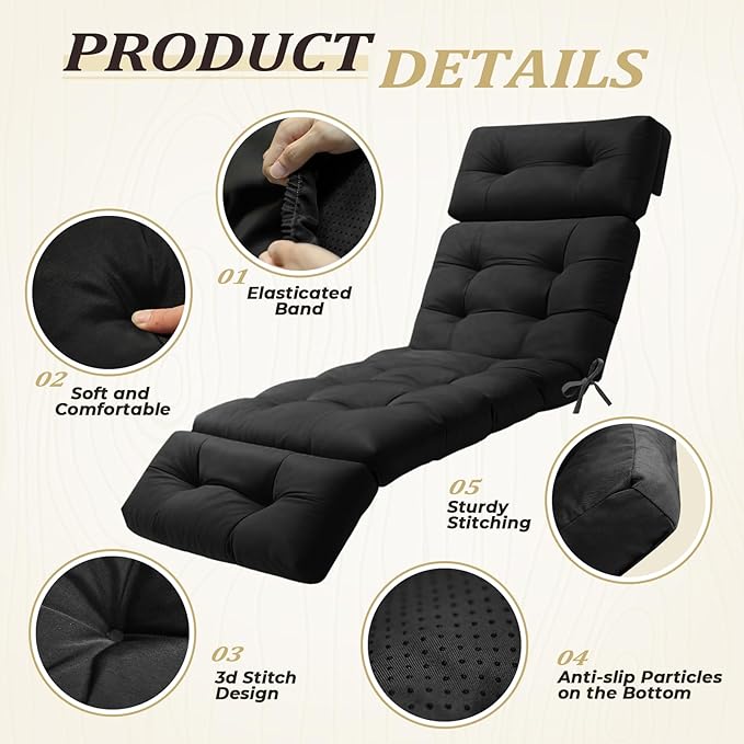 Waterproof Long Lounger Chair Cushion Outdoor Chaise Lounge Chair Cushions with Ties, Patio Recliner Thickened Lounge Chair Cushions for Indoor 74.4 x 22 x 4.7 Inches, Cushion Only(Black)