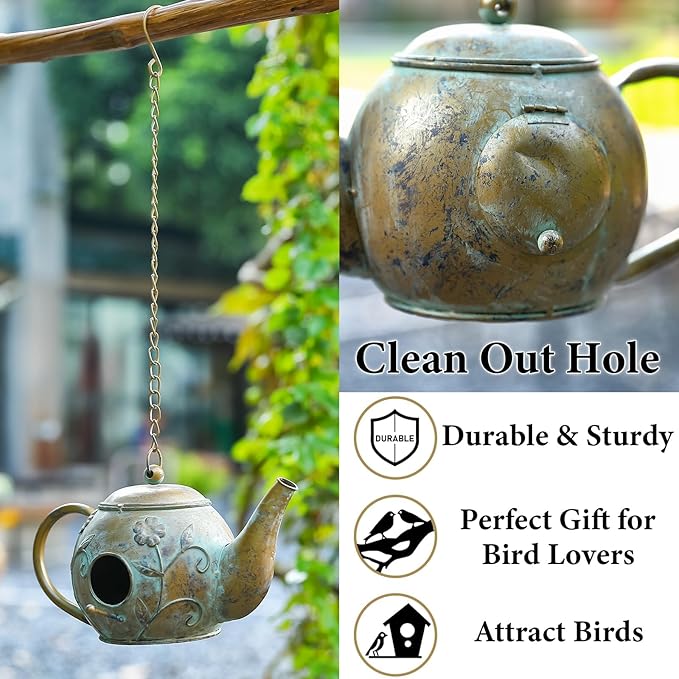 Bird House, Teapot Hanging Bird House, Metal Bird Houses for Outside, Antique Cute Birdhouse, Unique Decorative Birdhouses for Outdoors Garden Patio Yard Lawn Backyard Decor