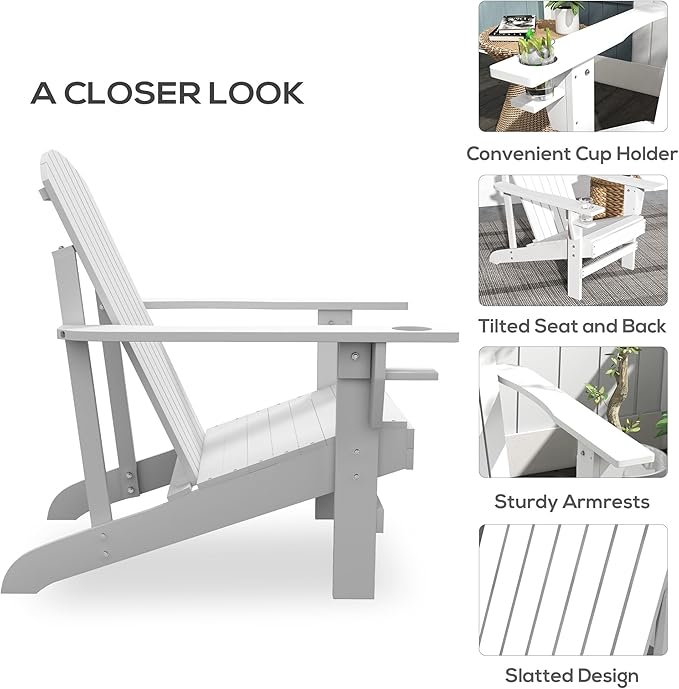 Outsunny Wooden Adirondack Chair, Outdoor Patio Lawn Chair with Cup Holder, Weather Resistant Lawn Furniture, Classic Lounge for Deck, Garden, Backyard, Fire Pit, White