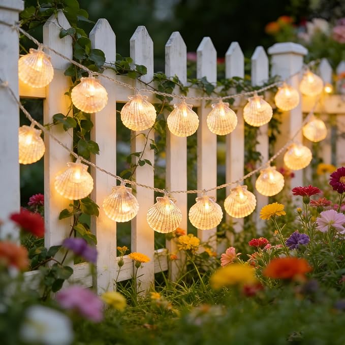 Natural Beach Shell String Light 9.8FT 20 LED Lights with Battery Operated Warm White LED Ocean Theme for Holiday Party, Wedding, Garden Decoration (Shell, 9.8FT)
