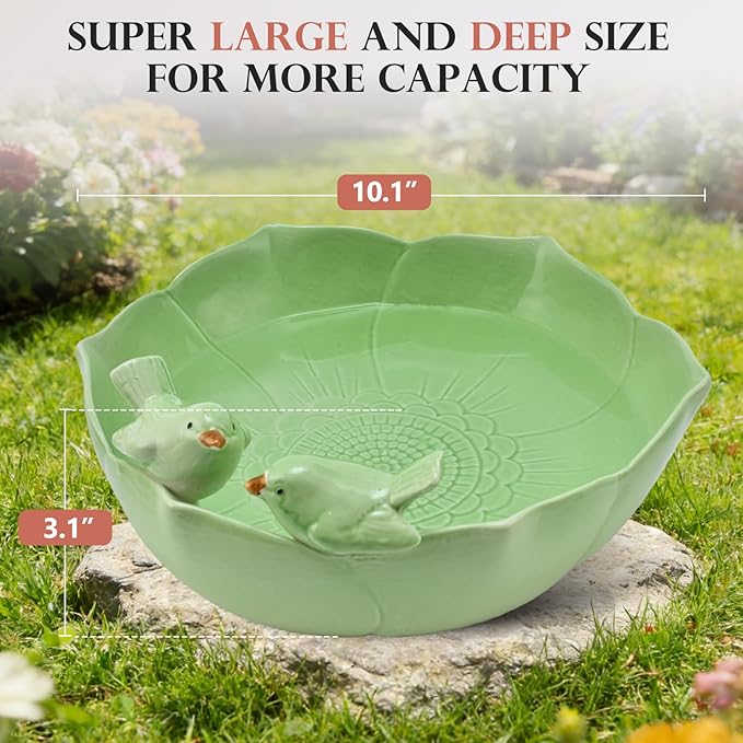Ceramic Bird Bath for Outdoors, 10.1” Hand-Painted Glazed Ceramic Bird Baths Bowls and Feeders for Outside, UV/Frost-Resistant Finish Ground Garden Table Top Bird Baths Decor for Patio Yard Home Green