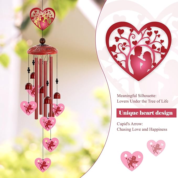 Love Heart Wind Chimes Outdoor,Romantic Metal Wind Chime for Couples – Valentine’s Day Anniversary Wedding Gift for Wife & Husband, Cupid & Couple Garden Porch Decor (Red)