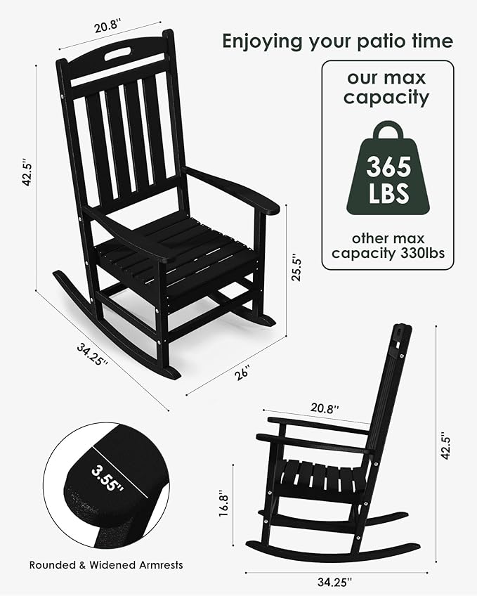 Outdoor Rocking Chair Set of 4, All-Weather Resistant Poly Lumber Rocker Chair Outdoor, High Back Plastic Patio Rocking Chairs for Outside Porch Rocker Garden Lawn, Black