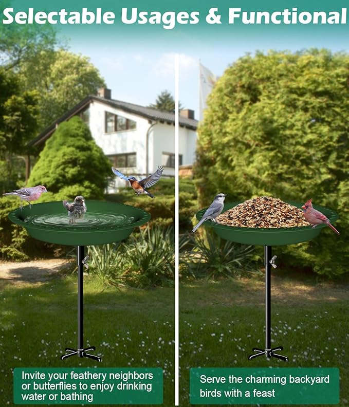 29 Inch Height Detachable Bird Bath with Metal Stake Stand, Oval Shape Birdbath Bowl Spa & Birdfeeder with 5-Prong Base for Outdoor Garden, Green