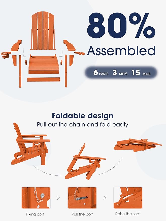 KINGYES Folding Adirondack Chair with Dual Cup Holders - HDPE All-Weather Outdoor Chairs, Wood-Like Patio Chair for Backyard, Camping, Pool & Fire Pit, Orange