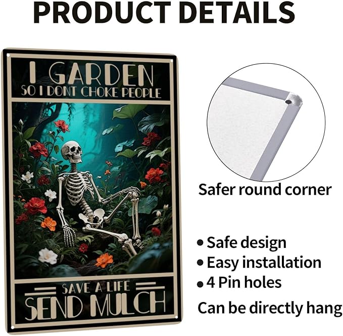 Skull I Garden So I Dont Choke People Save A Life Send Mulch Vintage Metal Tin Sign Retro Rustproof Funny Art Wall Decor Gift 8x12 Inch