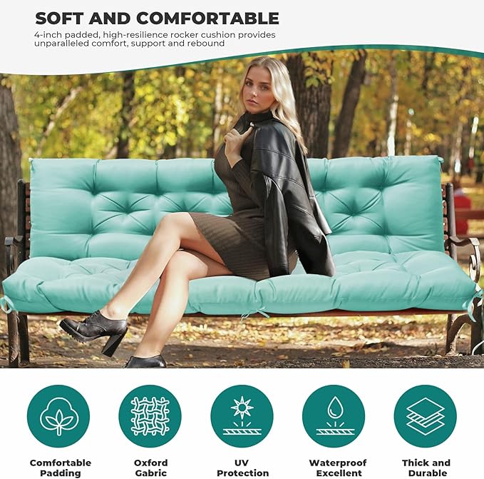Porch Swing Cushions, Waterproof Swing Cushions Replacement with Backrest, Outdoor Swing Bench Cushions 2-3 Seater Replacement for Patio Furniture 60x40 (Teal)