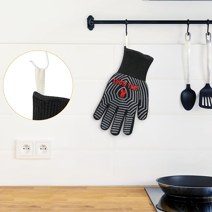 QUWIN BBQ Gloves, Oven Gloves, 1472℉ Extreme Heat Resistant,Grilling Gloves Silicone Non-Slip Oven Mitts, Kitchen Gloves for BBQ, Grilling, Cooking, Baking-1 Pair… (Black, One Size Fits Most)