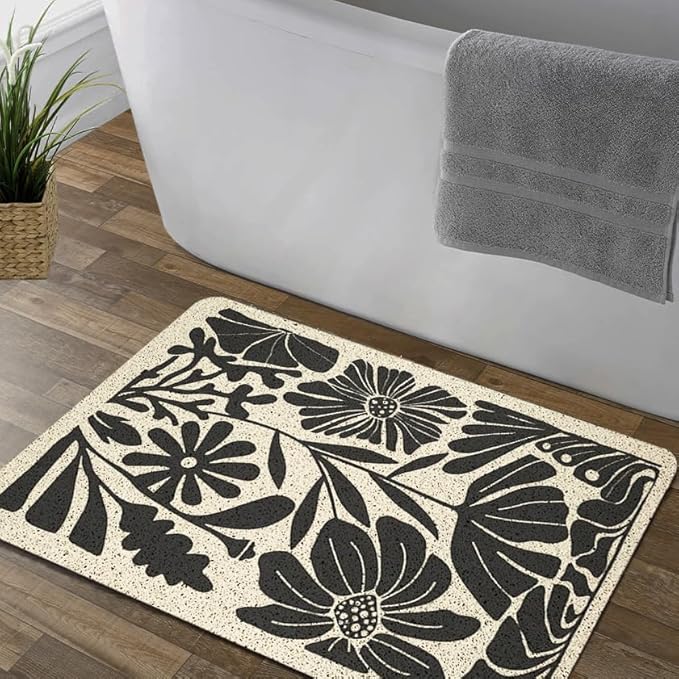 Boho Beige and Black Floral Door Mat - Bohemian Neutral Floral Front Door Welcome Mats Outdoor Entrance, 17x30 Rug