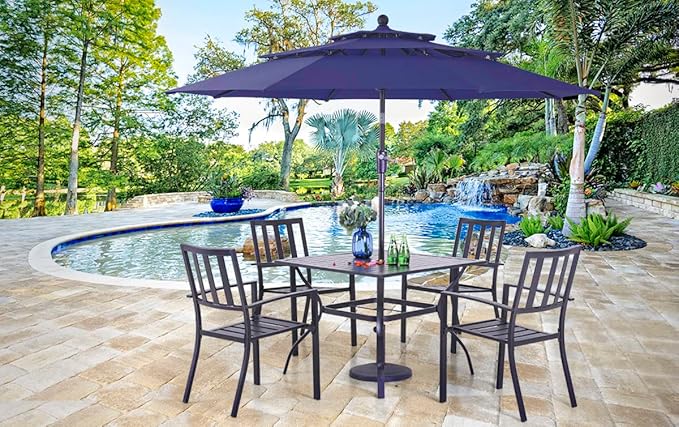 PHI VILLA 5 Piece Outdoor Dining Set with 10ft Umbrella, 37" Square Metal Dining Table & 4 Stacking Metal Chair with 3 Tier Navy Umbrella for Patio, Deck, Yard, Porch