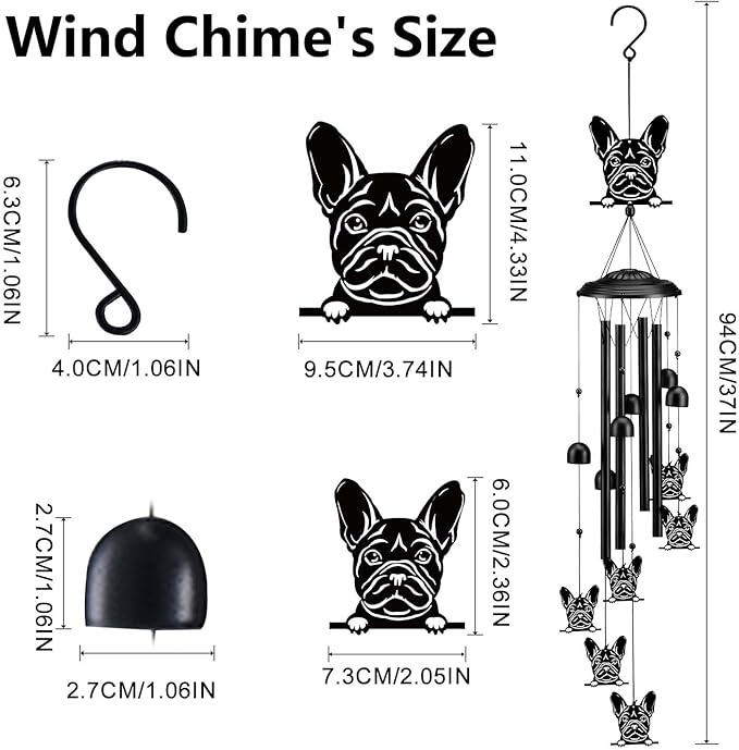Bulldog Wind Chimes for Outside/Indoors, Bulldog Gifts for Women Mom Grandma, Aluminum Tubes Windchimes S Hook, 37" Wind Chime Hanging Decor for Home Patio Garden Porch Yard (Black-Bulldog)