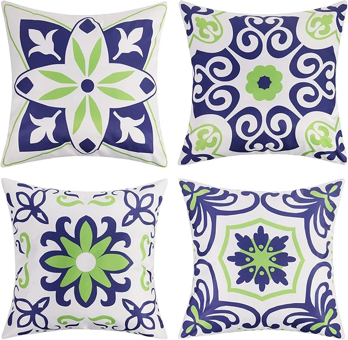 Pyonic Set of 4 Outdoor Pillow Covers 20x20 Waterproof Decorative Throw Pillow Covers Floral Printed Farmhouse Boho Pillowcase for Patio Funiture Garden Navy Blue