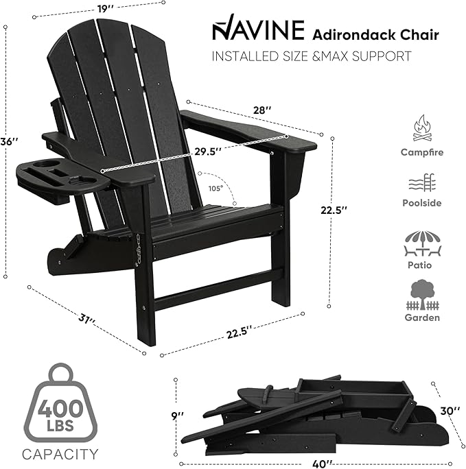 Adirondack Chair Set of 6, HDPE Folding Adirondack Chair with Multifunctional Cup Holder, Weather Resistant Fire Pit Chair for porches, patios, poolsides, Decks.