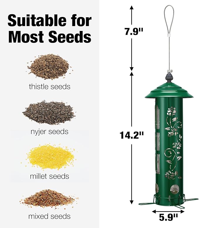 Veehoo Squirrel Proof Bird Feeders for Outdoors, Hanging Wild Bird Feeder Anti Squirrel with Weight-Activated Perches, Metal Cardinal Finch Feeder Outside Decorative for Thistle and Mixed Seed, Green