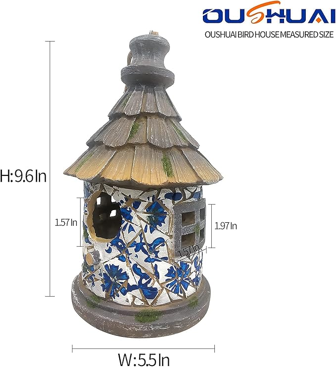 Bird House for Outdoor with Pole Garden Decor Hanging Birdhouses Weatherproof BirdNest for Outside Bluebird, Finch, Wren, Chickadee, Wild Birds Big Size Resin White Bule
