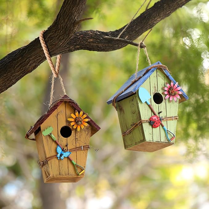 2 Pcs Decorative Birdhouse for Yard Outside Hanging Wooden Birdhouse Hand Painted Bird Box for Bird Lovers Bluebird Tree Swallow Wild Chickadee Garden Decor(Bright Color,Wooden Roof)