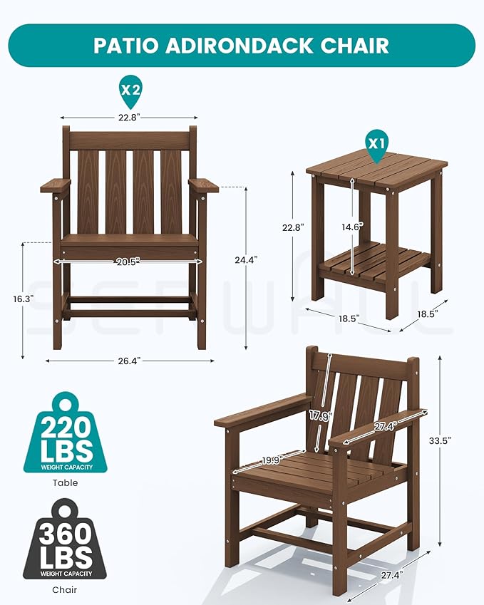 SEWRWALL Patio Furniture Set, HDPE Material All Weather Use Adirondack Chair Set with Side Table for Balcony, Porch, Garden, Backyard- Brown