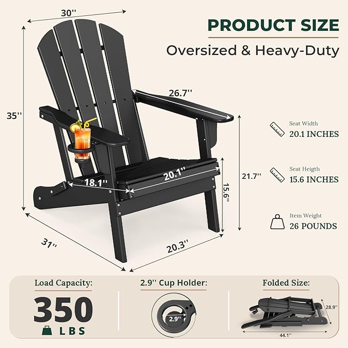 BRIOPAWS Folding-Adirondack-Chairs Set of 4 | HDPE Plastic | Fire Pit Chair | Cup Holder | Curved Back | All Weather | for Outdoor Backyard Deck Patio | Black