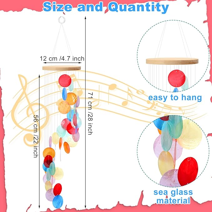 Wenqik Sea Glass Shell Wind Chimes for Outside Seaglass Capiz Windchime Spiral Wind Chimes for Women Beach Holiday Summer Gift Indoor Outdoor Home Housewarming Garden Decor(Colorful)
