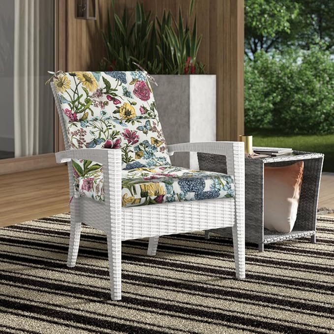 FUNHOME Outdoor High Back Chair Cushions Set of 2,Reversible Lawn Chair Cushion 44 x22 inch,Water Resistant Tufted Adirondack Chair Cushion,for Garden Rocking Chair,Patio Furniture(Butterfly Flower)
