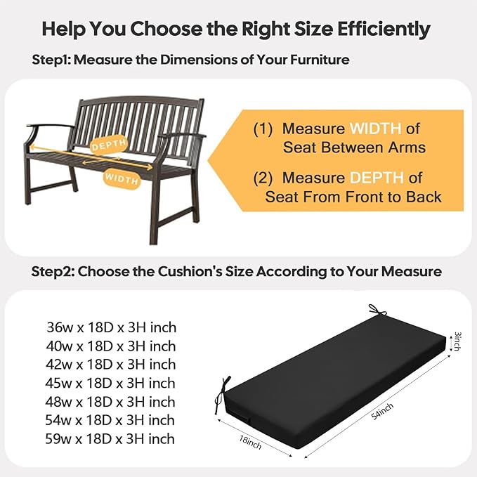 idee-home Outdoor Bench Cushion Waterproof, Bench Cushions for Outdoor Furniture, Patio Porch Swing Replacement Seat Pad with Ties for Garden Backyard, 54 x 18 Inch Black