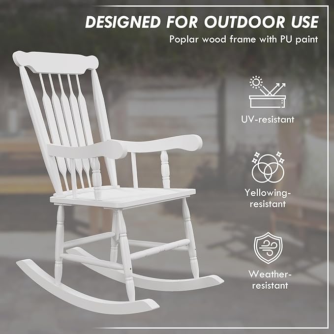 Outsunny Outdoor Wood Rocking Chairs Set of 2, 350 lbs. Porch Rockers with High Back for Garden, Patio, Balcony, White