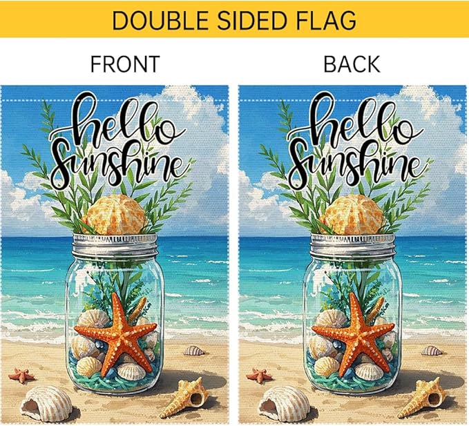 Hello Sunshine Garden Flag Starfish Mason Jar Summer Garden Flags 12x18 inch Vertical Double Sided Sea Shell Coastal Burlap Outdoor Lawn Beach Decorations