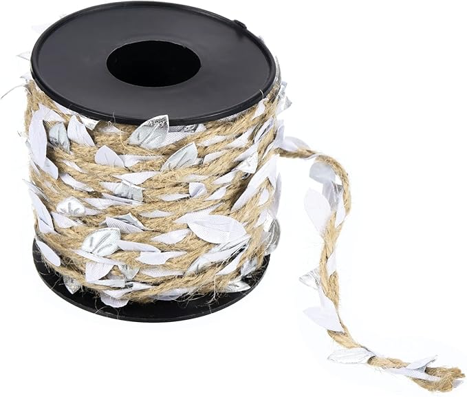 PATIKIL 33ft 5mm Burlap Leaf Ribbon, Braided Decoration Vine Natural Jute Rope Twine with Artificial Leaves for Jungle Wedding Party Home Garden Decor, Silver Tone