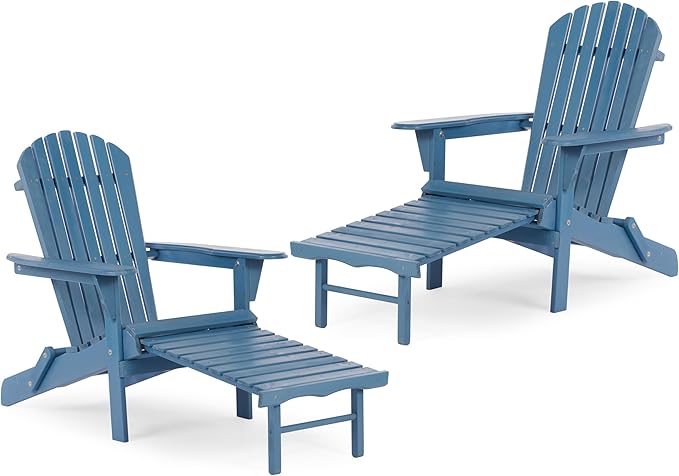 Set of 2 Outdoor Wooden Folding Adirondack Chair with Retractable Ottoman, Wood Patio Chair with Footrest for Garden Backyard Porch Pool Deck Firepit