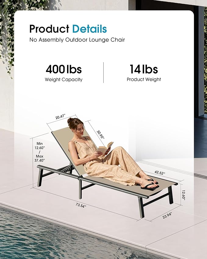 Ciokea Foldable Outdoor Lounge Chair Set of 4, No Assembly Aluminum Chaise Lounge Outdoor with 5-Positions, Aluminum Pool Lounge Chairs with Portable Design for Poolside, Beach, Deck, Patio, Khaki