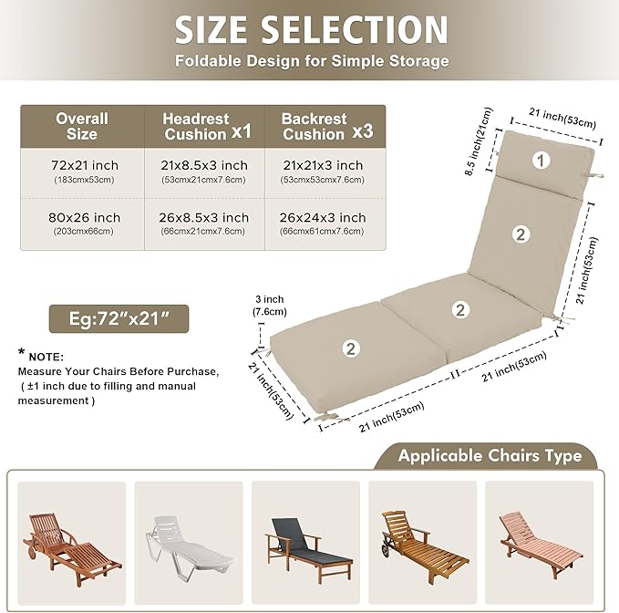 Chaise Lounge Cushion 80x26x3 Inch ?Set of 2 Outdoor Lounge Chair Cushions, Lounger Pad Replacement with Fade-Resistant, Removable & Machine-Washable Covers, Ideal for Patio Chaise Chairs, Cream