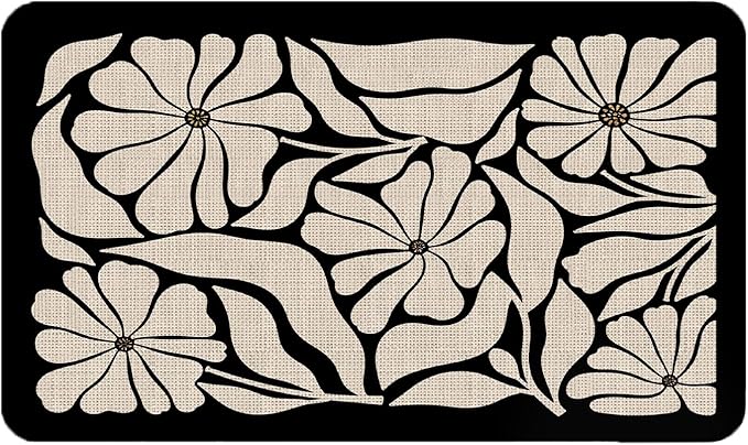 Boho Beige and Black Floral Door Mat - Bohemian Neutral Floral Front Door Welcome Mats Outdoor Entrance, 17x30 Rug
