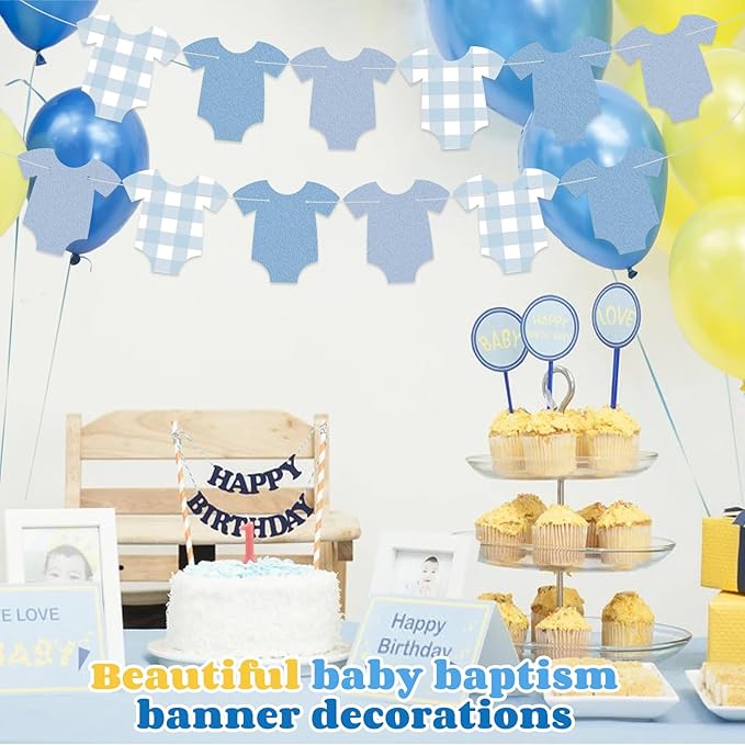 Blue Bodysuit Decoration Banner, Blue Gingham Party Decorations, Baby Shower Party Supplies Birthday Banner Decor for Boys Girls Baby Shower Decorations