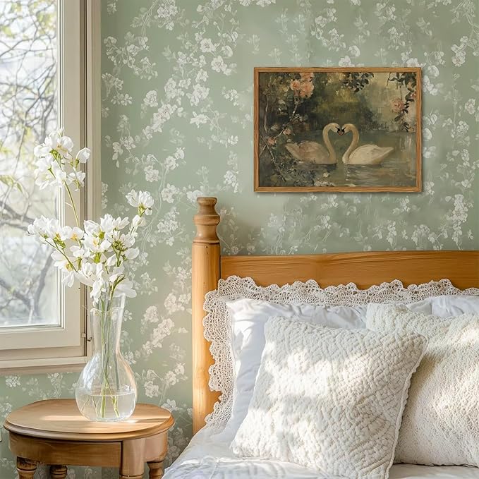 Framed Vintage Swan wall art, Rustic Romantic White Swan Pictures Wall Decor, Cottagecore Farmhouse Animal Paintings Canvas Prints Aesthetic Home Decor for Living Room Bedroom Bathroom 16x24inch