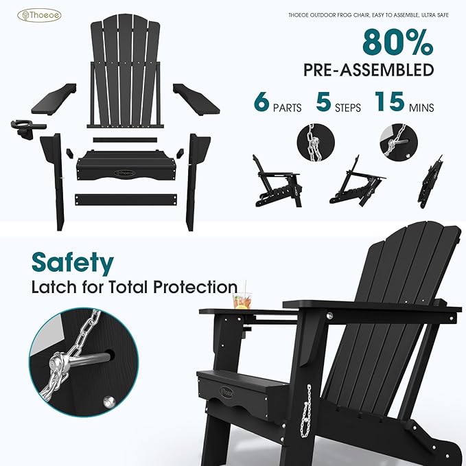 Folding Adirondack Chair Set of 4,HDPE All-Weather Outdoor Chair with Cup Holder,Wooden Textured,Fire Pit Chair,Plastic Patio Chair for Deck,Backyard,Garden,Lawn(Black)