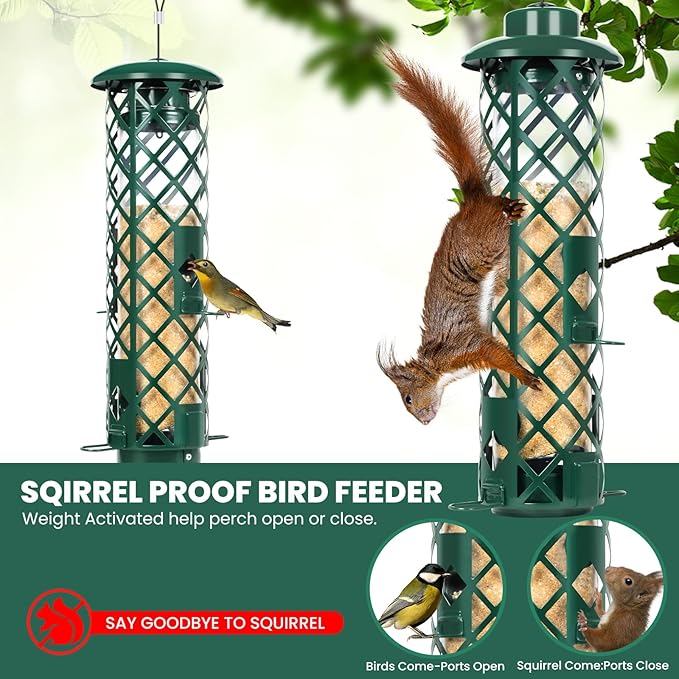Squirrel Proof Bird Feeders for Outdoors,Weight-Activated Squirrel-Proof Outside Hanging Bird Feeder,Metal Mesh Wild Bird Feeder for Cardinal, Finch, Blue Jay, Chickadee,Gift for Bird Lovers